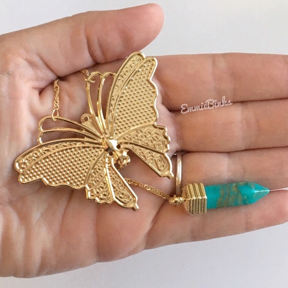 💥3for$28  New Golden Butterfly & Turquoise Marbled Crystal Charm Necklace - Picture 4 of 14
